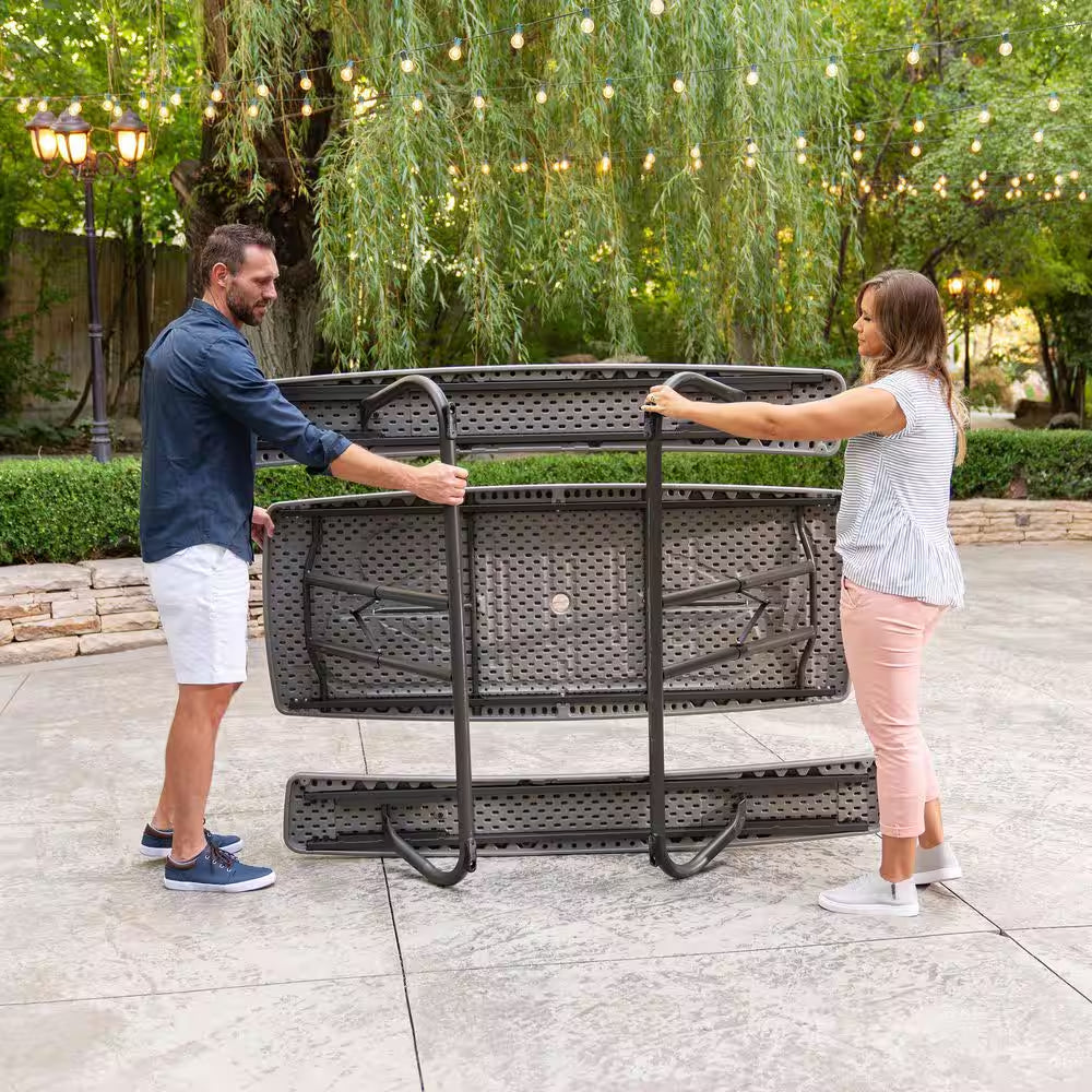 72 In. Bronze Sand Rectangle Steel Frame Picnic Table in Storm Dust Rough Cut Color, Folding