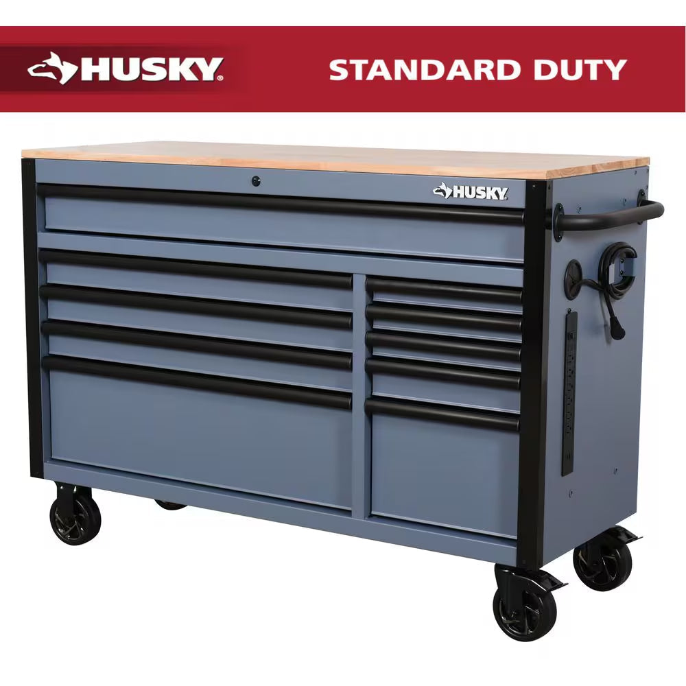 Standard-Duty 52 In. W 10-Drawer Matte Cadet Gray Mobile Workbench Cabinet with Solid Wood Top