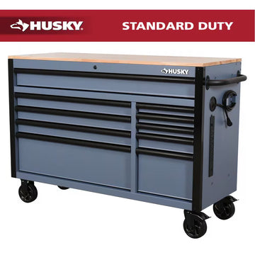 Standard-Duty 52 In. W 10-Drawer Matte Cadet Gray Mobile Workbench Cabinet with Solid Wood Top