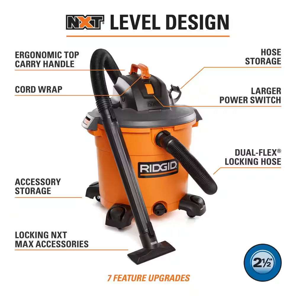16 Gal. 5.0 Peak HP NXT Shop Vacuum Wet Dry Vac with General Debris Filter, Locking Hose and Attachments HD1640