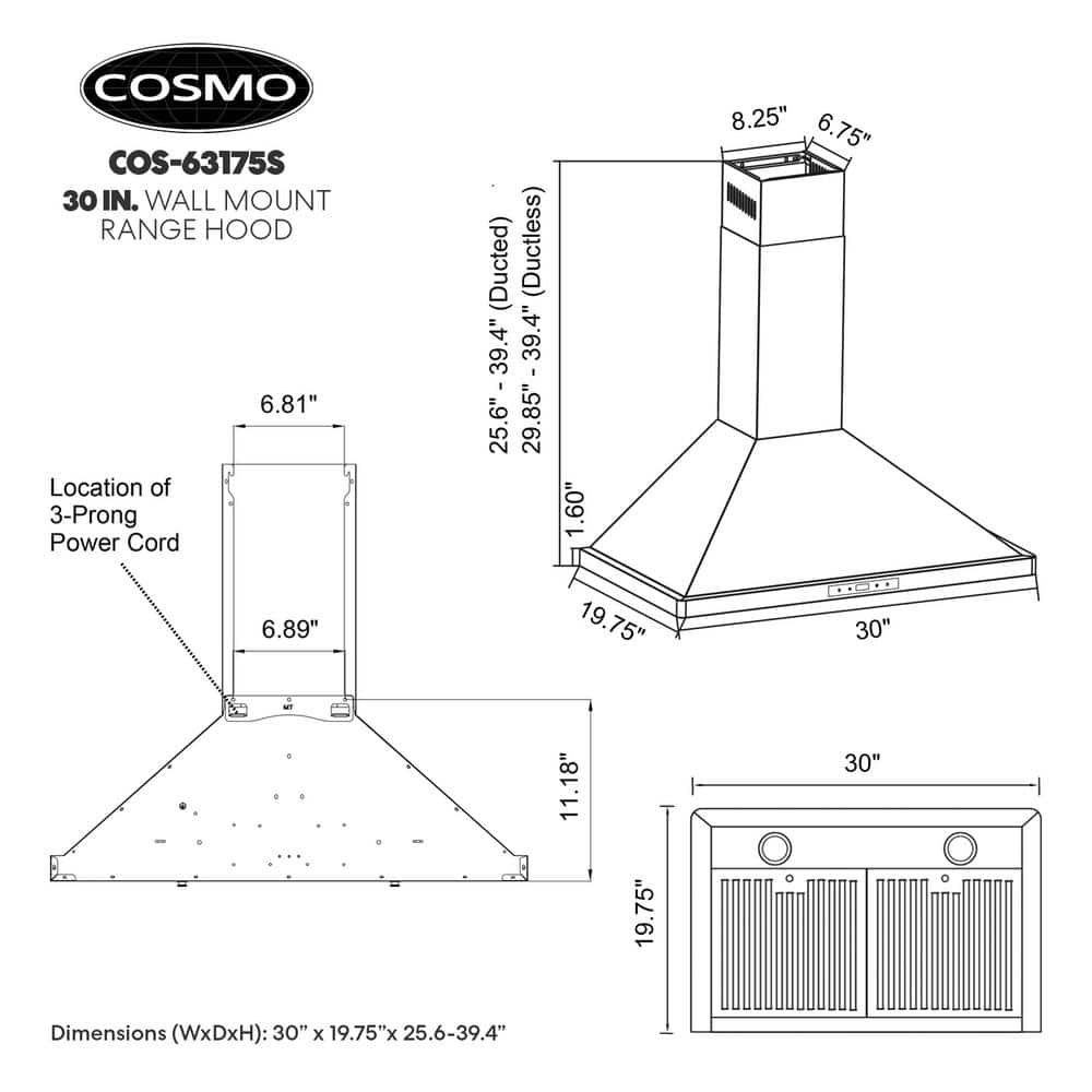 Cosmo Vista Collection 30 in. 380 CFM Ducted Wall Mount Range Hood Stainless Steel