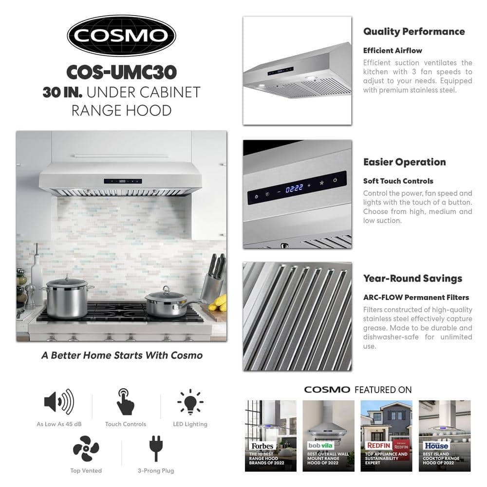 Cosmo Haven Collection 30 in. 380 CFM Ducted Under Cabinet Range Hood Stainless Steel