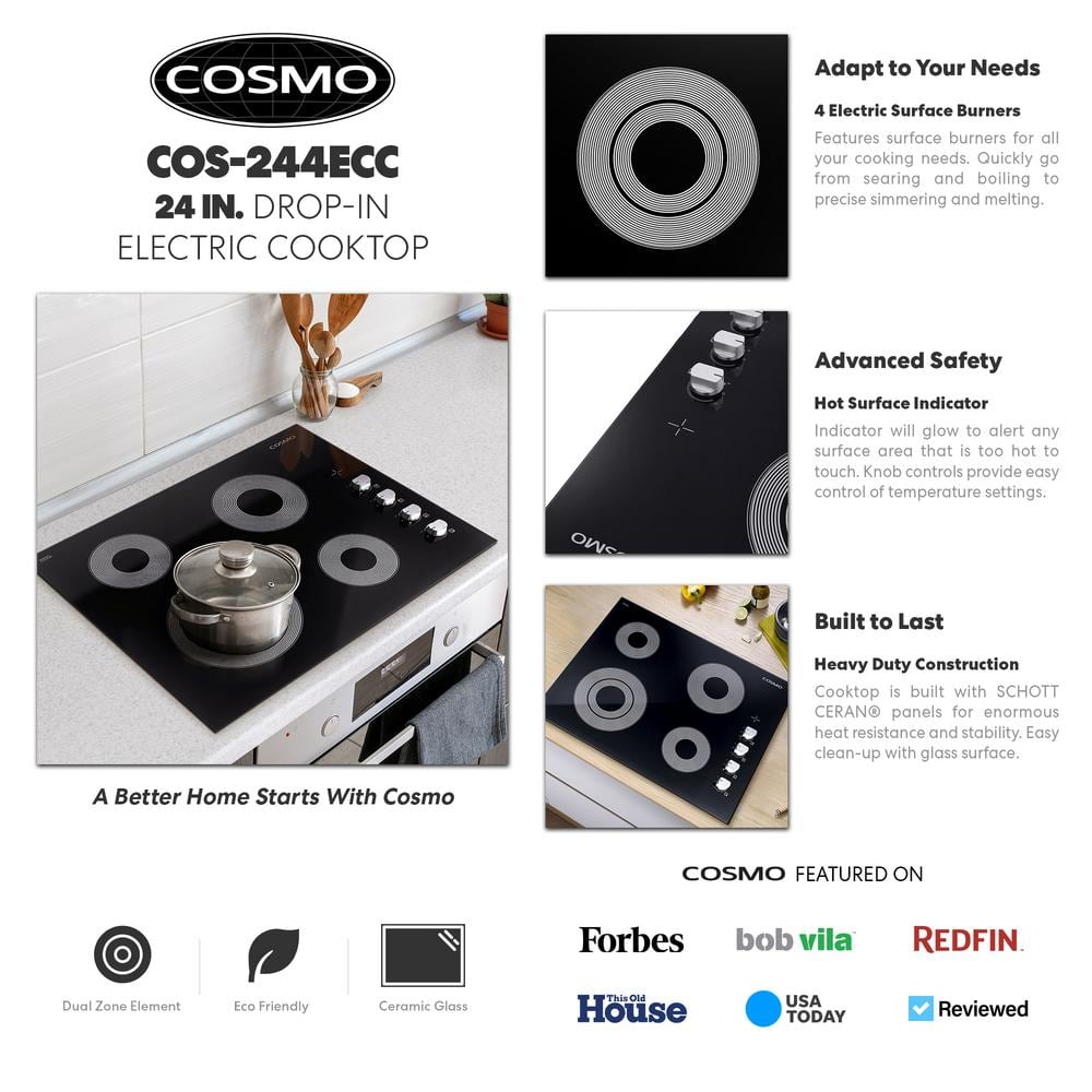 24 in. Smooth Top Electric Ceramic Glass Cooktop in Black with 4 Elements, Dual Zone Heating and Control Knobs