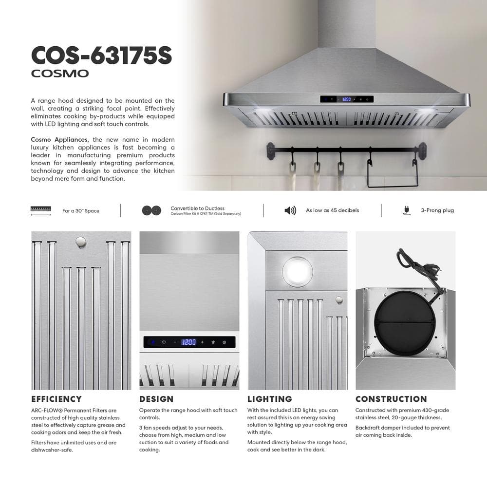 Cosmo Vista Collection 30 in. 380 CFM Ducted Wall Mount Range Hood Stainless Steel